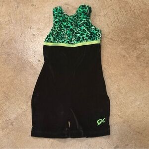 EUC GK ELITE Gymnastic Biketard green Leotard and Black Velour Child Large
